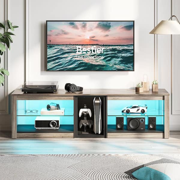 Bestier 63 in. Wash Grey TV Stand Fits TVs up to 70 in. LED Entertainment Center with Adjustable Glass Shelves