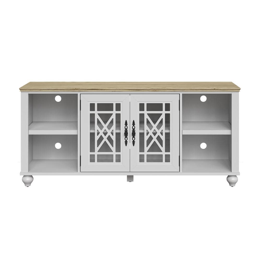 Vintage White and Oak 60" TV Stand with Carved Cabinet Doors