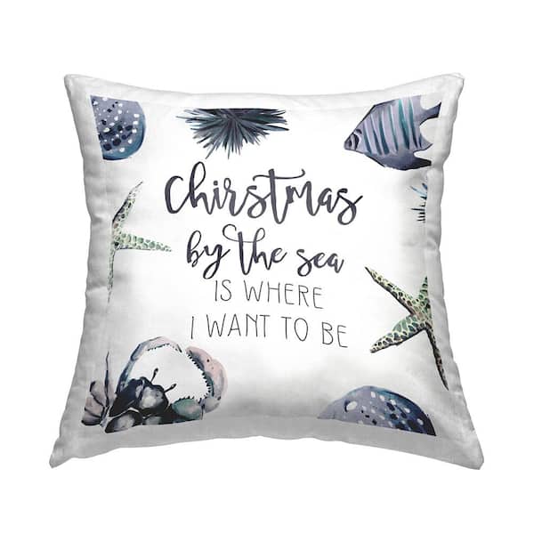 Christmas By The Sea Coastal Holiday Blue Print Polyester 18in. X 18in. Throw Pillow