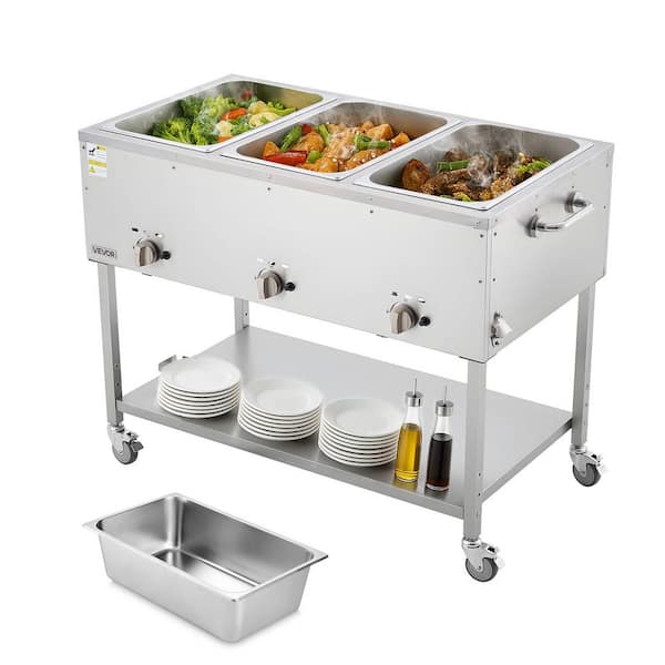 3-Pan Commercial Propane Steam Table, LP Gas Soup Warmer w/ Drain Valve & 3 in. Wheels, Stainless Steel w/ Temp Control