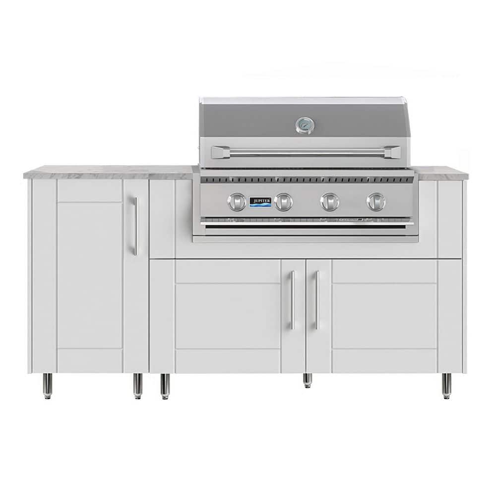 Daybreak 68.5 in. 4-Burner Propane Grill Island in Stainless Steel Sanibel Shell White with Propane Cabinet price history on PriceWatchPro