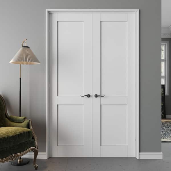 48 in. x 80 in. 2-Lite Frosted Glass Universal White Solid Core Wood Double Prehung French Door+ Quick Assemble Jamb