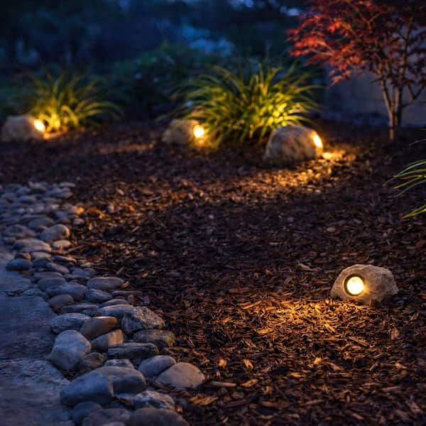 Hampton Bay Sandstone White Faux Rock LED Outdoor Solar Path Light (3-Pack) 50314