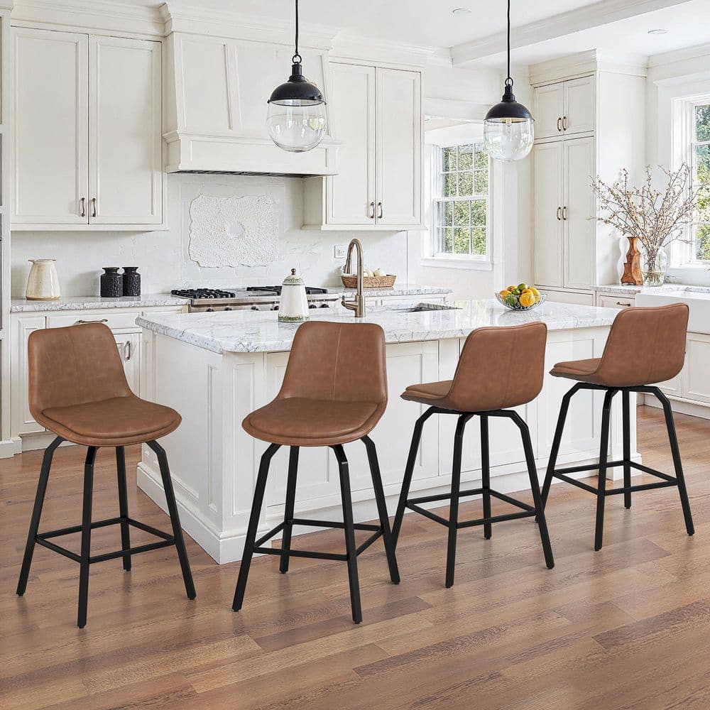 37 in. YANNISH Brown Faux Leather Counter Height Stool Metal Frame Double-cushioned Swivel Bar Stool(Set Of 4) price history on PriceWatchPro