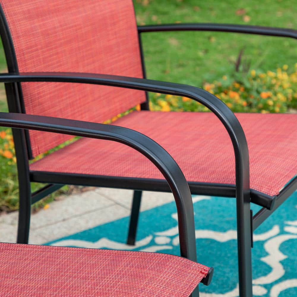 Red and Black Steel Patio Dining Armchairs with Cushions