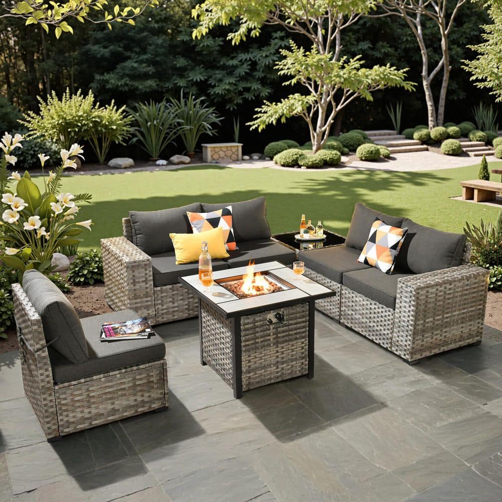 Baldwin Gray 7-Piece Wicker Wide Arm Outdoor Patio Sofa Sectional Set with Square Fire Pit and Black Cushions price history on PriceWatchPro