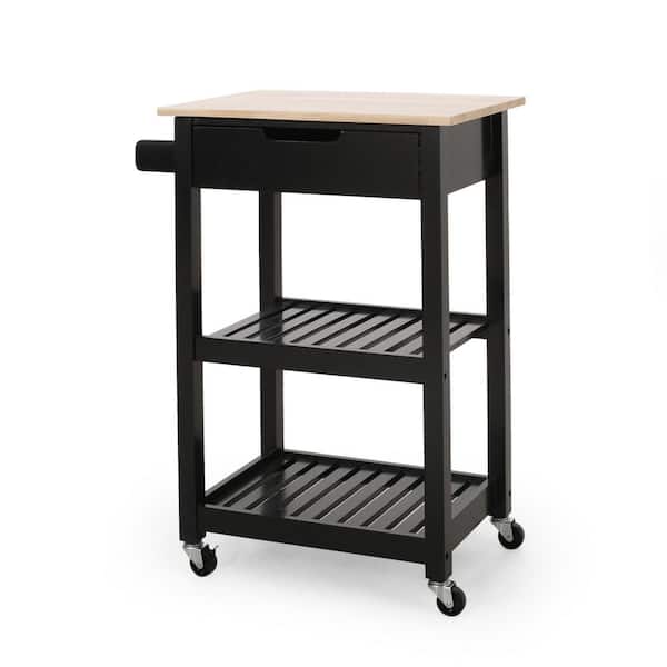 Noble House Treutlen Black Kitchen Cart with Natural Wood Top