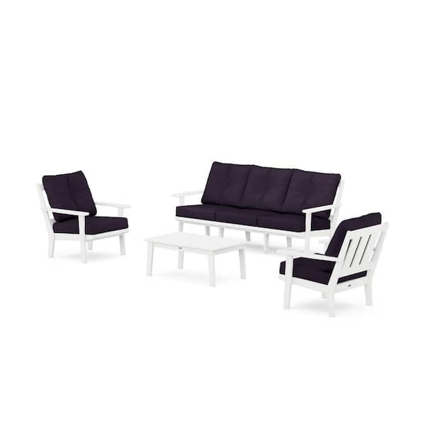POLYWOOD Oxford 4-Pcs Plastic Patio Conversation Set with Sofa in White/Navy Linen Cushions