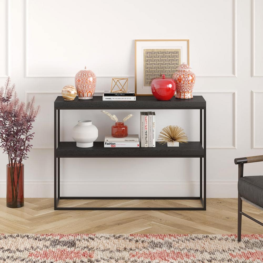 Edmund 42" Black Grain Metal & Wood Console Table with Geometric Frame