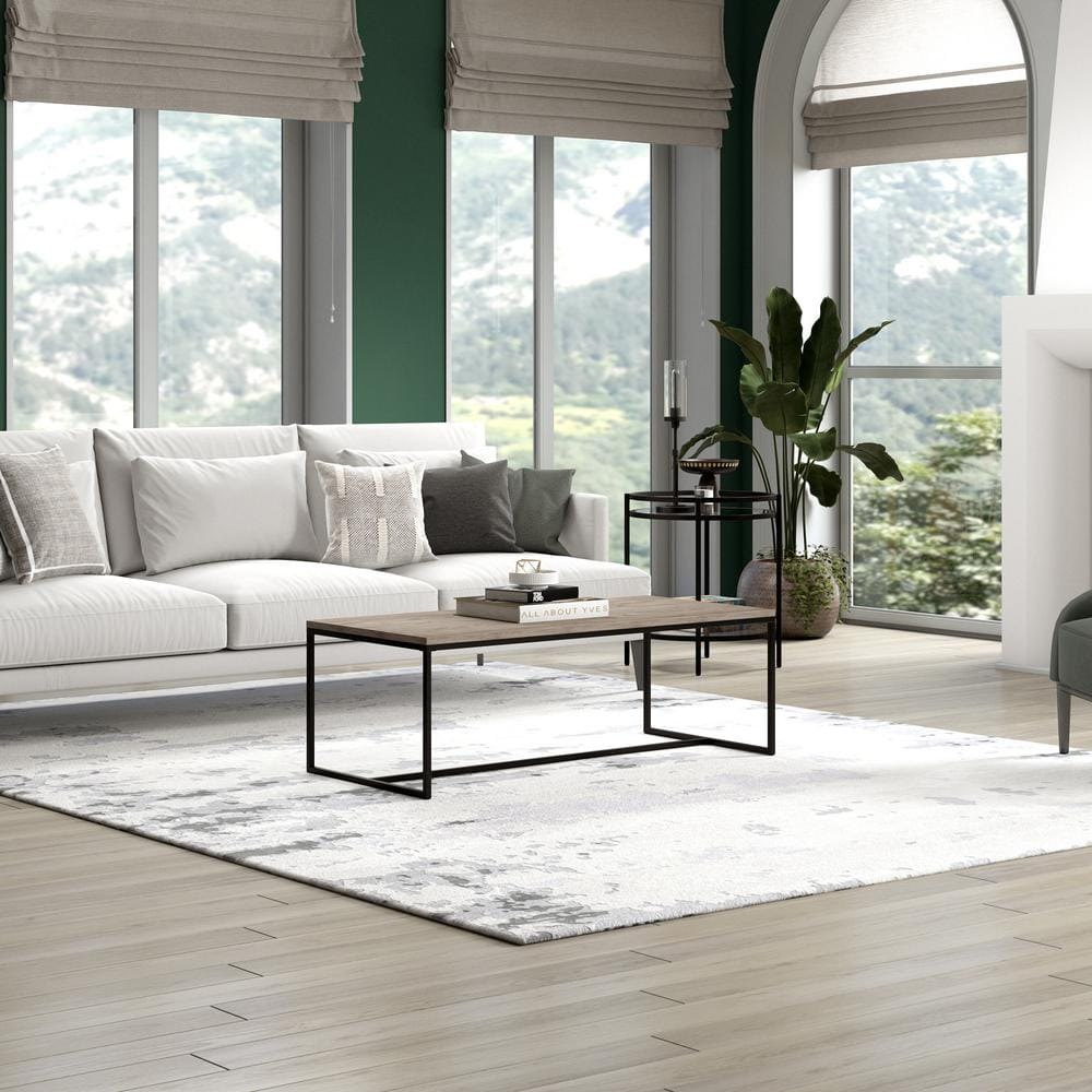 Antiqued Gray Oak and Bronze Metal Rectangular Coffee Table