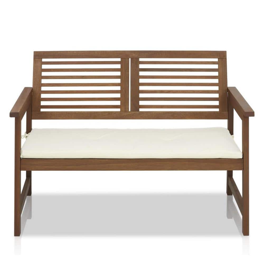 42. 7 in. Wood Outdoor Bench with White Seat Cushion