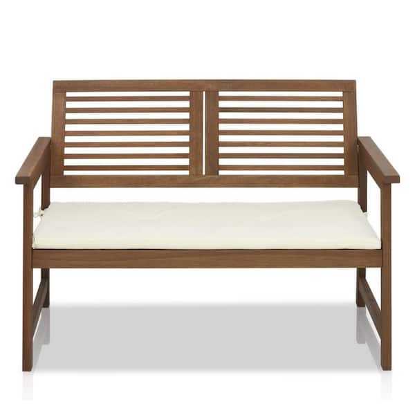 Unbranded 42. 7 in. Wood Outdoor Bench with White Seat Cushion