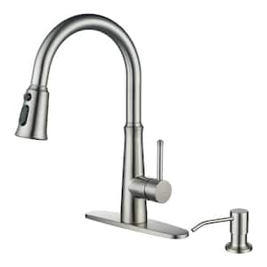 Single Handle Pull Down Sprayer Kitchen Faucet with 3-Function Sprayer and Soap Dispenser in Brushed Nickel