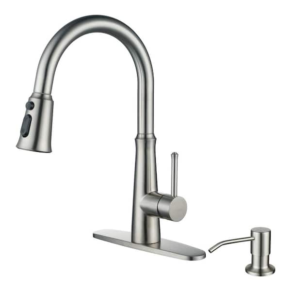 IVIGA Single Handle Pull Down Sprayer Kitchen Faucet with 3-Function Sprayer and Soap Dispenser in Brushed Nickel