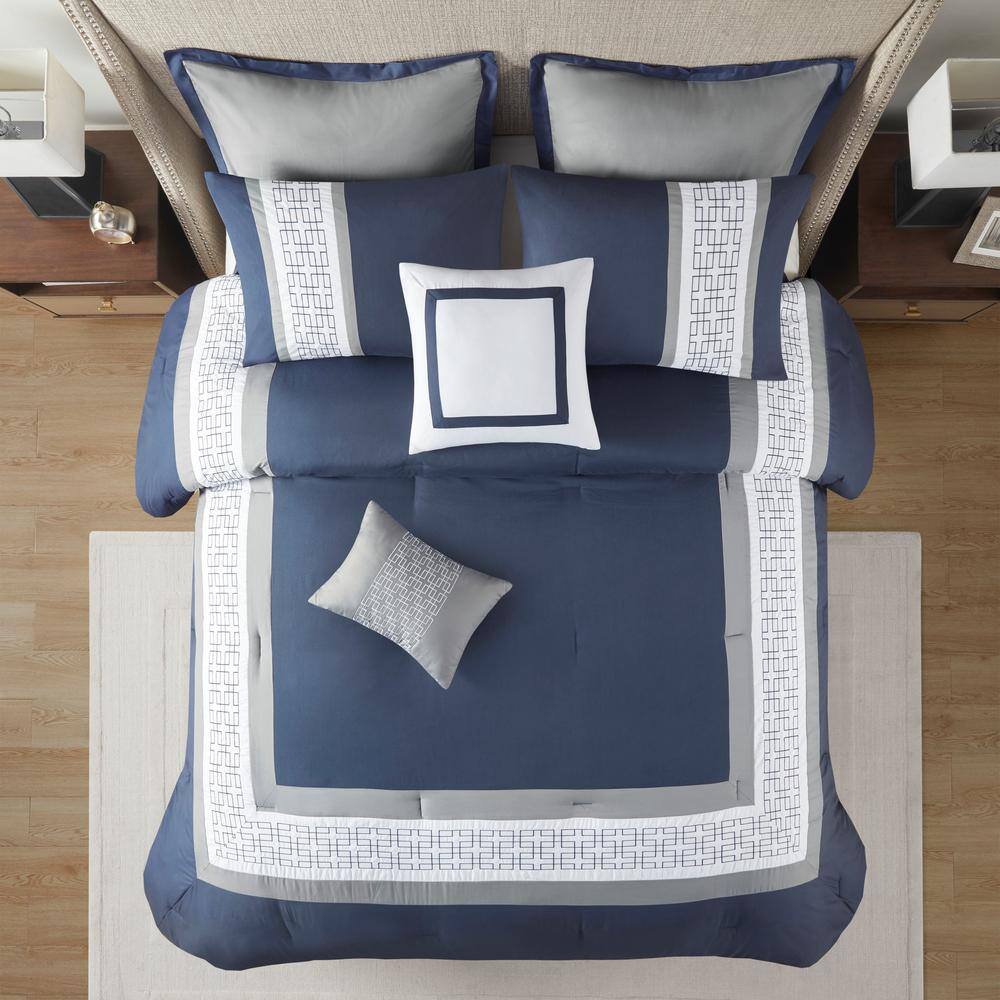 King Navy Microfiber 8-Piece Embroidered Comforter Set