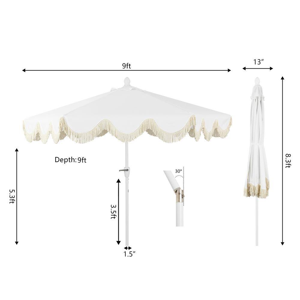 Collins 9 ft. White and Cream Aluminum Patio Umbrella with Tassels