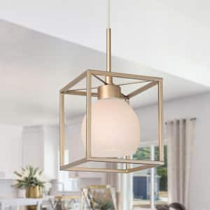 Modern Lantern Island Pendant Light Eicy 1-Light Gold Cage Chandelier Pendant Light with Frosted Glass Shade