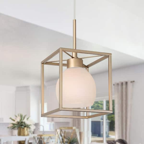Uolfin Modern Lantern Island Pendant Light Eicy 1-Light Gold Cage Chandelier Pendant Light with Frosted Glass Shade
