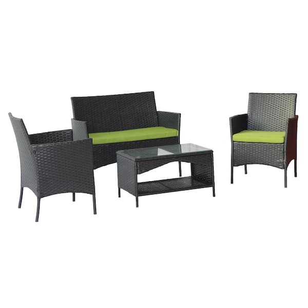 Tenleaf 4-Piece Black Rattan Patio Conversation Set with Green Cushions