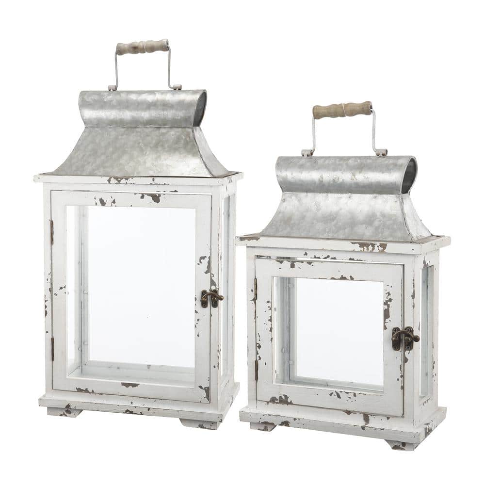 Wooden Candle White Lanterns Candle Decorative Holder Set of 2