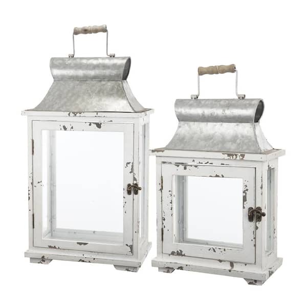 Unbranded Wooden Candle White Lanterns Candle Decorative Holder Set of 2