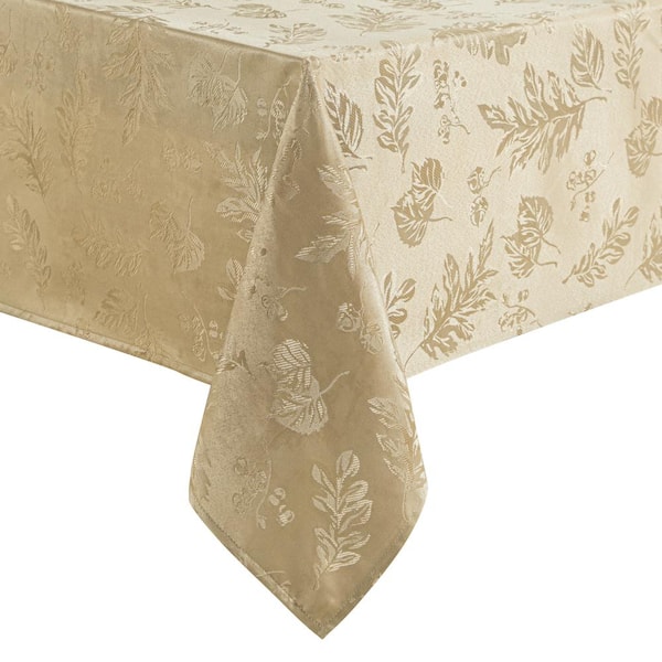 Elrene 60 in. W x 144 in. L Taupe Elegant Woven Leaves Jacquard Damask Tablecloth
