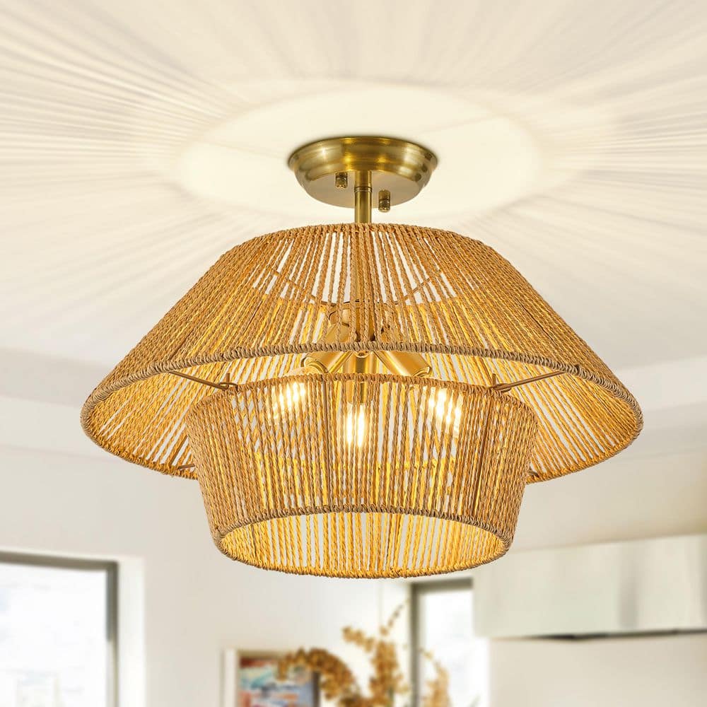GoYeel 3-Light 19.69 in. Gold Modern Boho Tiered Natural Woven