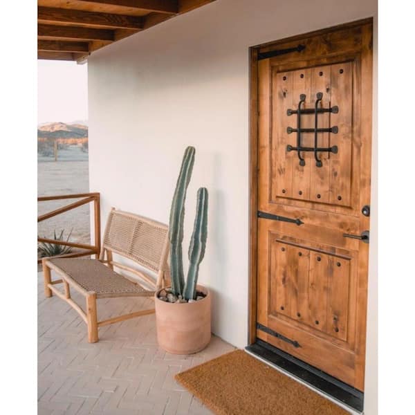 36 in. x 80 in. Mediterranean Knotty Alder Sq. Top Red Mahogony Stain Left-Hand Inswing Wood Single Prehung Front Door