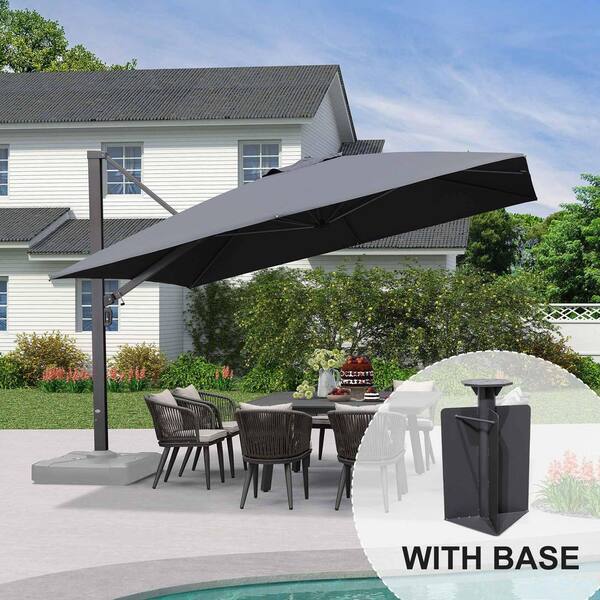 PURPLE LEAF 12 ft. Square Aluminum Large Outdoor Cantilever 360-Degree Rotation Patio Umbrella with Base in Ground, Gray