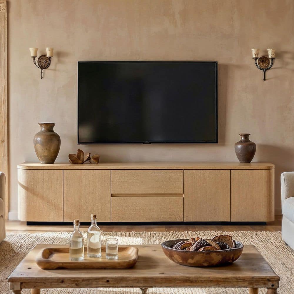 Orbis Neutral Wood Wood Buffet with 2-Drawers, 4-Cabinet Doors, Push-to-Open Doors, Rounded Edges, Interior Shelves