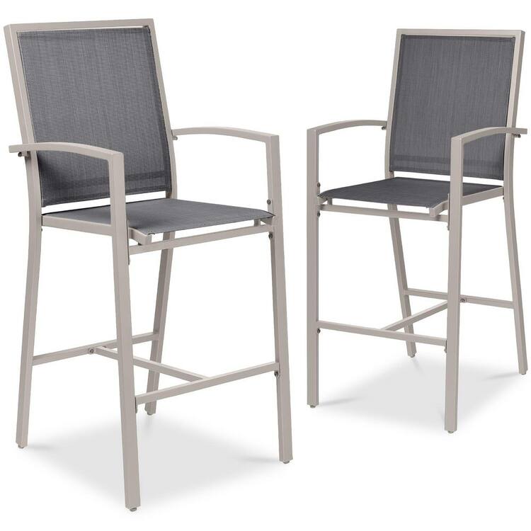 Best Choice Products Outdoor Bar Stool Set of 2 Bar Height Patio Chairs with All-Weather Mesh-Taupe/Charcoal