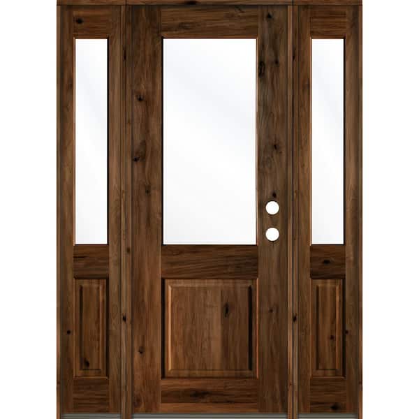 Krosswood Doors 60 in. x 96 in. Rustic Knotty Alder Wood Clear Half-Lite Provincial Stain Left Hand Single Prehung Front Door/Sidelites