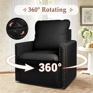 Black Vegan Leather 360° Swivel Nailhead Trim Accent Arm Chair with Cushion