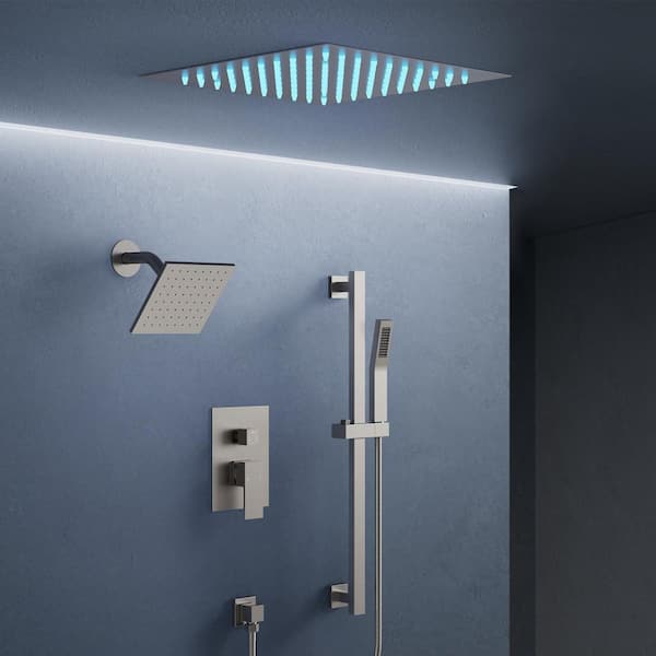 3-Spray Square 12 in. Rain LED Shower System with 6 in. Shower Head Handheld shower in Brushed Nickel 2.5 GPM