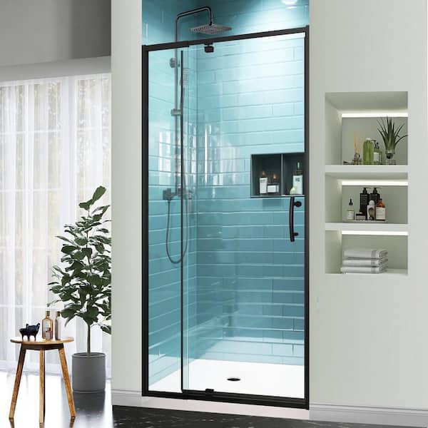 Lonni 28-32 in. W x 72 in. H Pivot Swing Semi-Frameless Shower Door in Matte Black with Clear SGCC Tempered Glass
