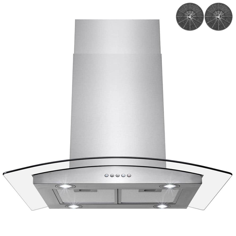 Golden Vantage 30 in. Convertible Kitchen Island Mount Range Hood in Stainless Steel with Tempered Glass, LED Lights and Carbon Filters, Silver