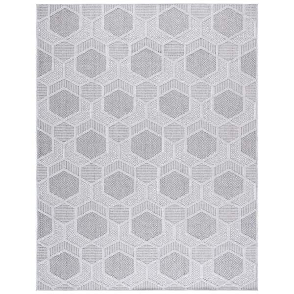 Global 9 ft. x 12 ft. Gray/Ivory High-Low Hexagon Indoor/Outdoor Area Rug