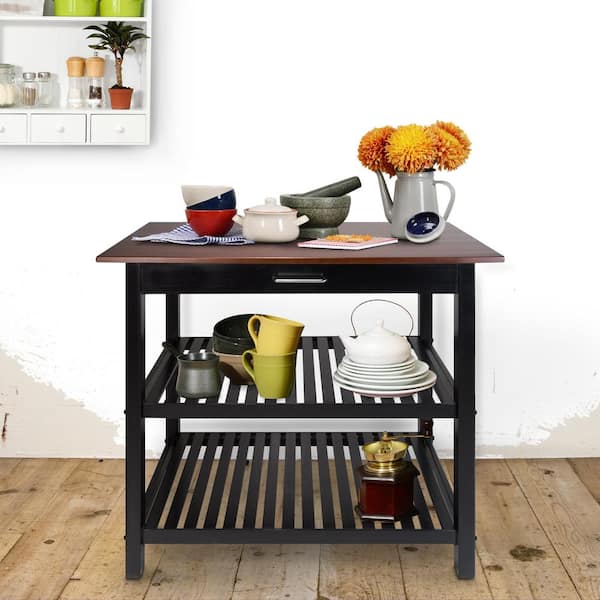 Walnut Black Solid Wood Counter Top 40 in. Kitchen Island Bar Station with Drawer and Shelves