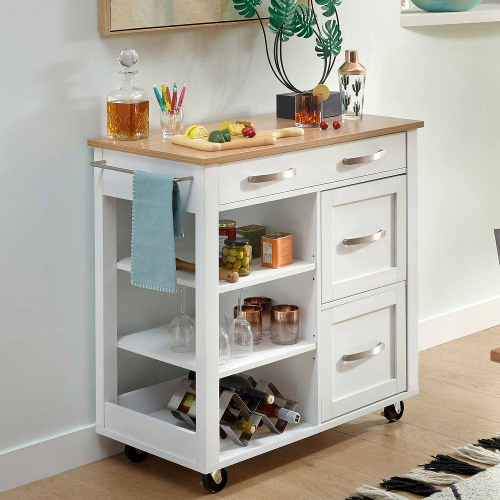 Off-White and Birch Wood Kitchen Cart with Storage