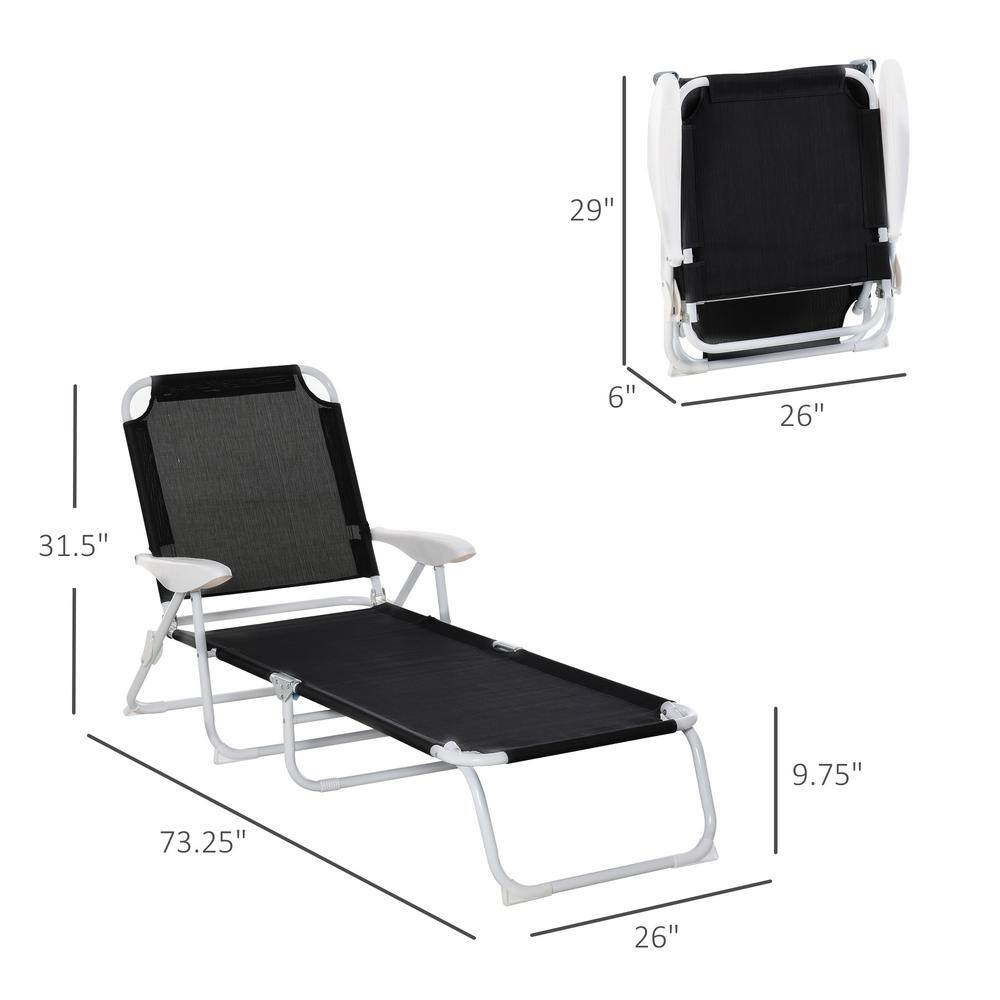 Black Mesh Fabric Folding Outdoor Chaise Lounge with Armrests