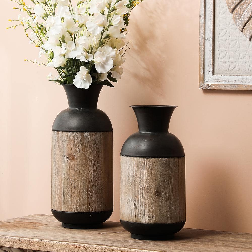 Rustic Charm Dark Brown Metal & Natural Fir Wood Vase Set