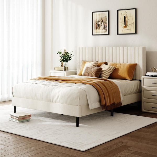Beige Wood and Metal Frame Queen Size Upholstered Platform Bed with Height Adjustable Headboard