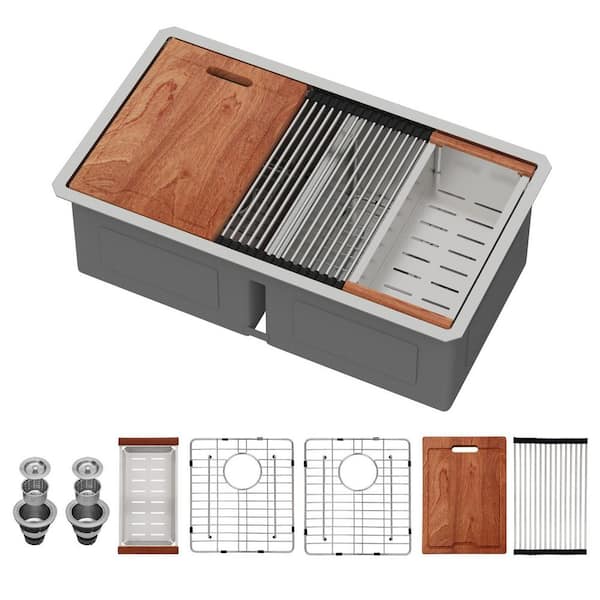 Logmey 30 in. Undermount Workstation Sink with Low Divide 16-Gauge Stainless Steel Double Bowl Kitchen Sink