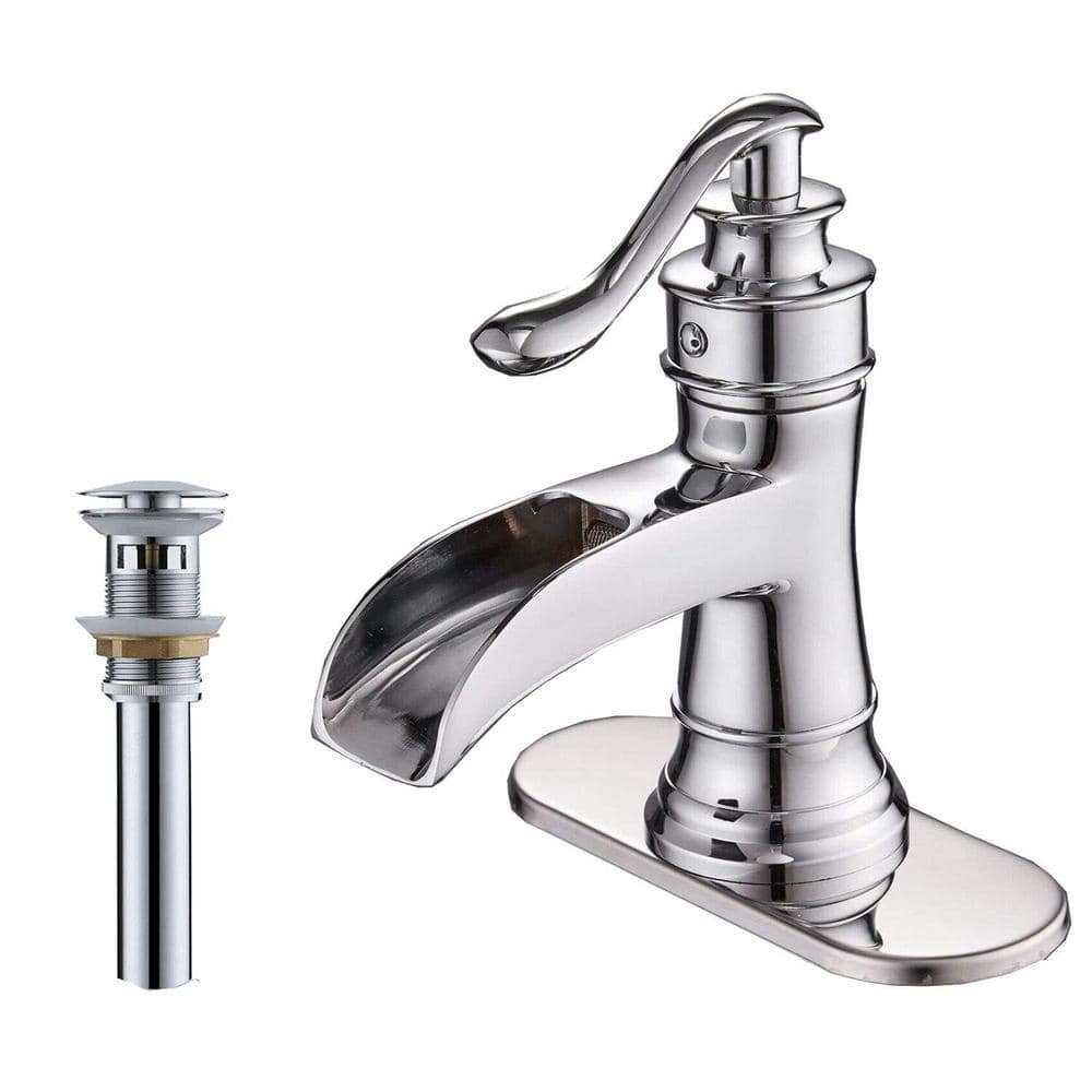 Waterfall Single Hole Single-Handle Low-Arc Bathroom Faucet With Pop-up Dra