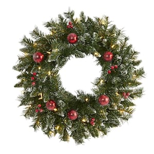 24 in. Pre-Lit Frosted Artificial Christmas Wreath with 50 Warm White LED Lights Ornaments and Berries