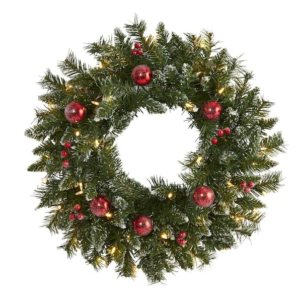 Nearly Natural 24 in. Pre-Lit Frosted Artificial Christmas Wreath with 50 Warm White LED Lights Ornaments and Berries