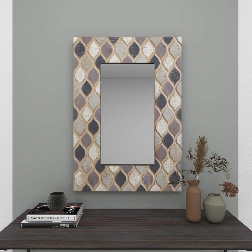 Beige Farmhouse Wood Wall Mirror with Diamond Pattern 28" x 40"