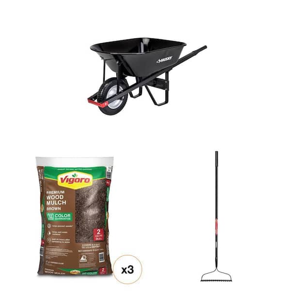 6 cu. ft. Steel Wheelbarrow with 8 in. Tires, 2 cu. ft. Brown Mulch (3-Bag) and 57 in. Bow Rake Combo