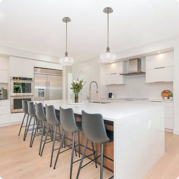 Aqua Blue Plank Kitchen Island with Three Pendants - Transitional