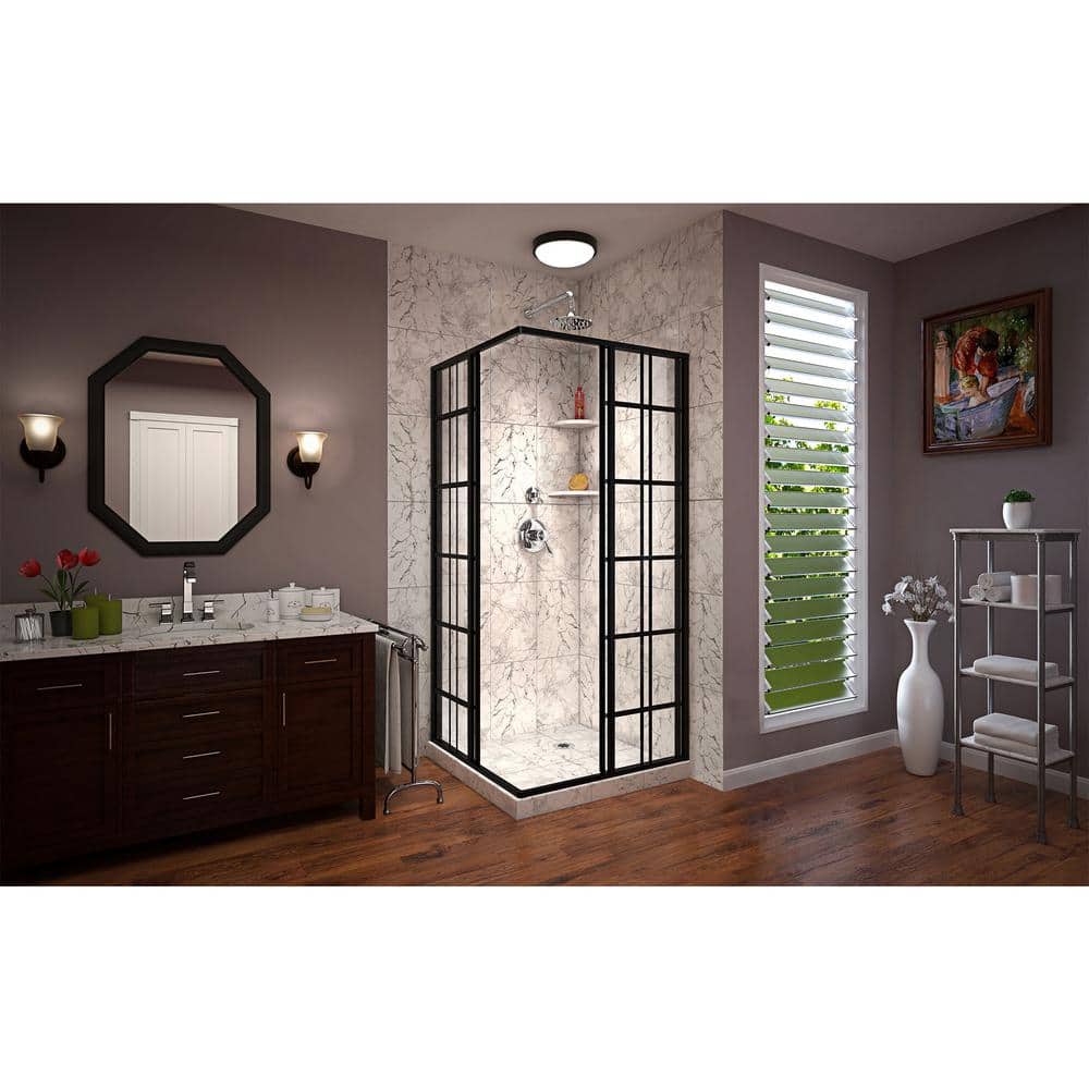 French Corner 34.5" Black Framed Sliding Shower Enclosure